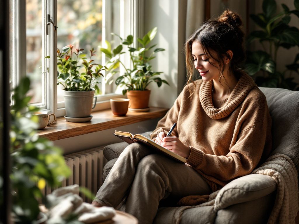 Person writing gratitude journal by window