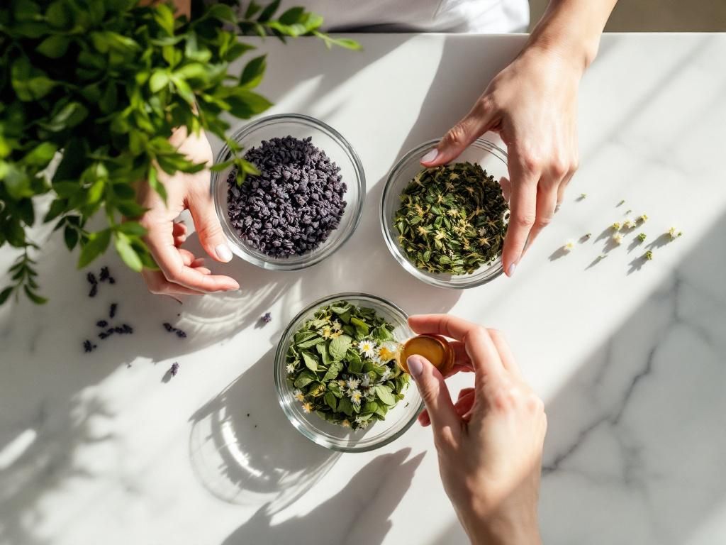 Hands preparing herbal smoking blend