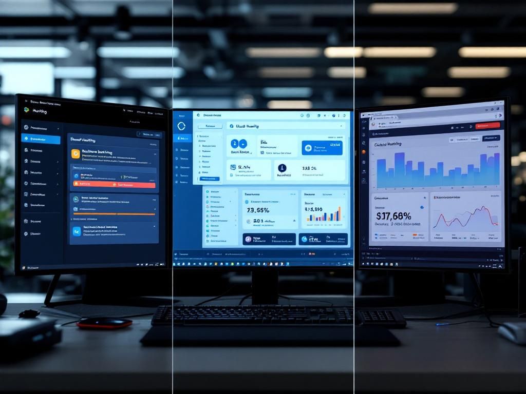 Different hosting environments displayed on multiple monitors