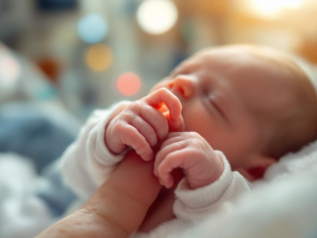 Premature baby holding parent's finger in hospital