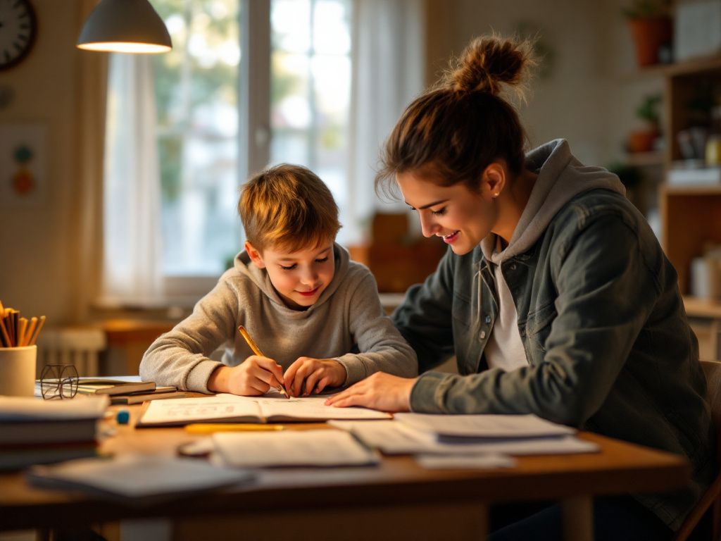 Parent helping child with math homework