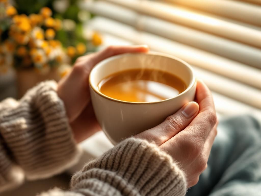 Person enjoying calming herbal tea ritual