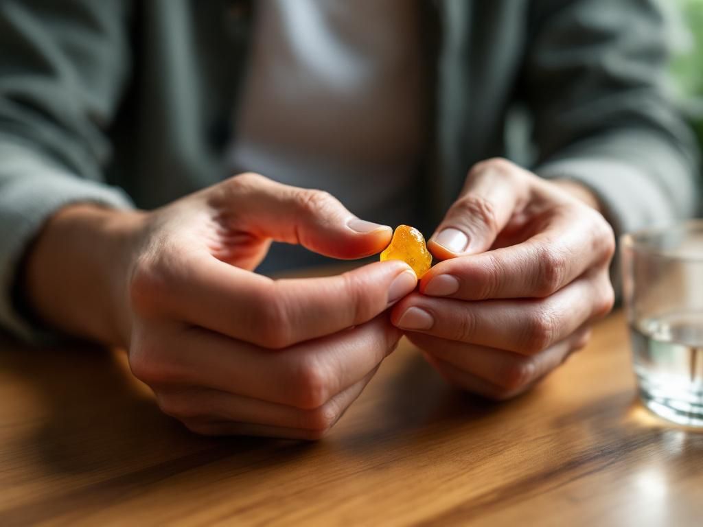 Person carefully examining cannabis gummy dosage