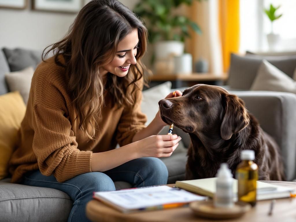 Pet owner safely administering CBD to dog