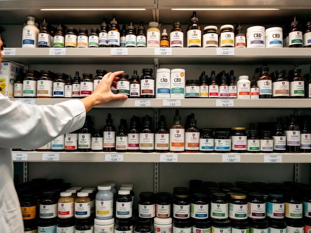 CBD products displayed on pharmacy shelves