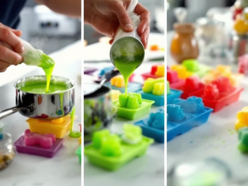 Pouring cannabis gummy mixture into silicone molds