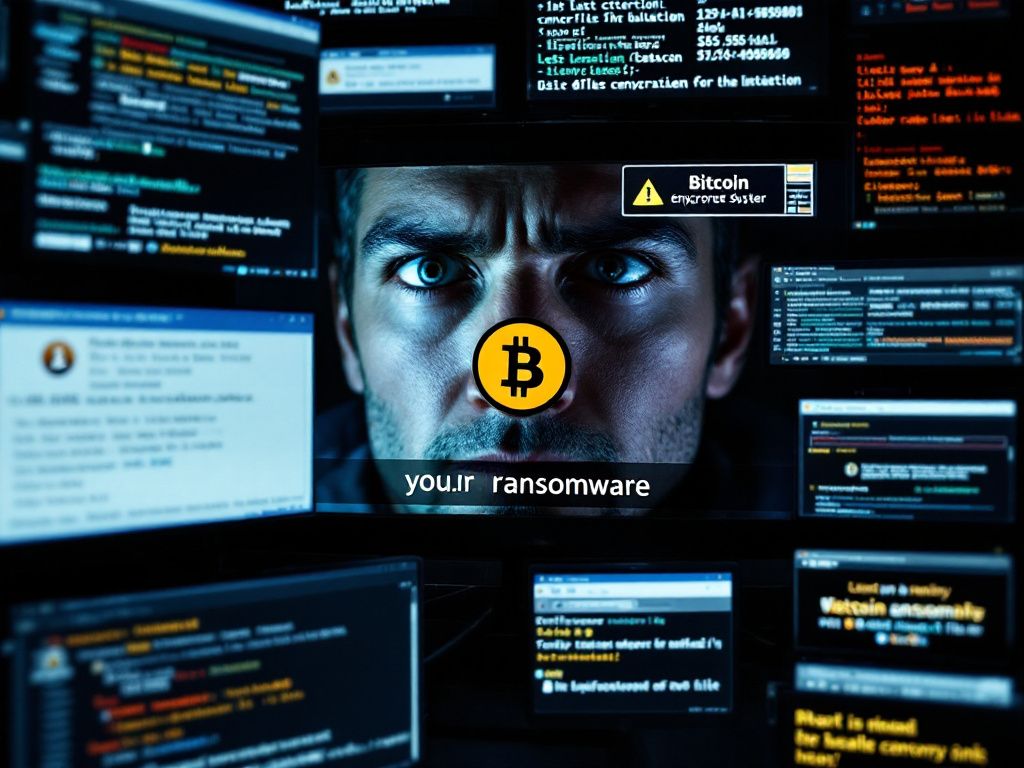 Ransomware demand screen with Bitcoin symbol