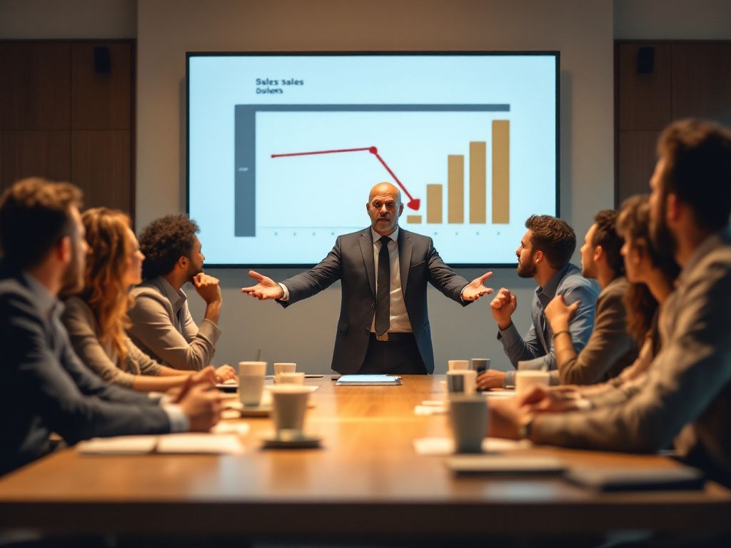 Tense corporate meeting discussing redundancies