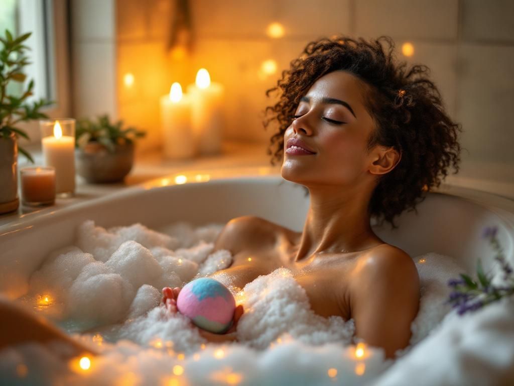 Mother enjoying relaxing CBD bath treatment