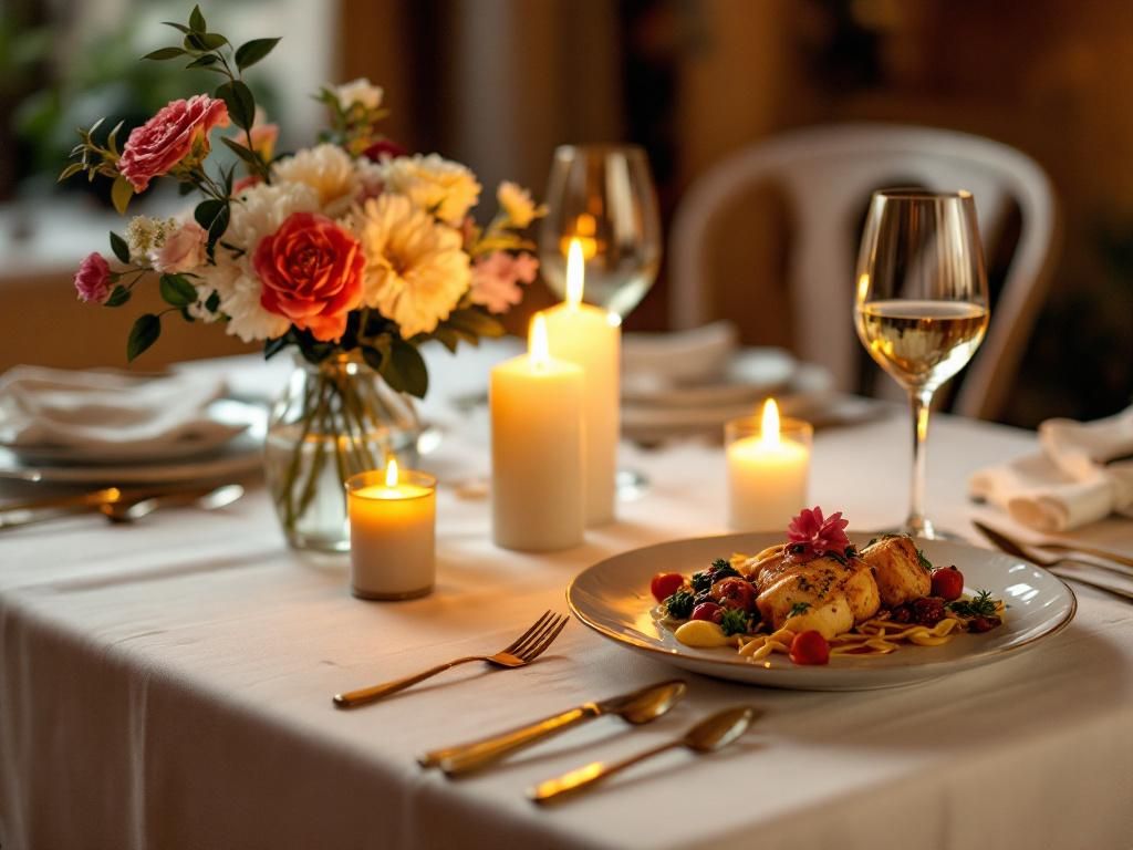 Intimate dinner table setting for two