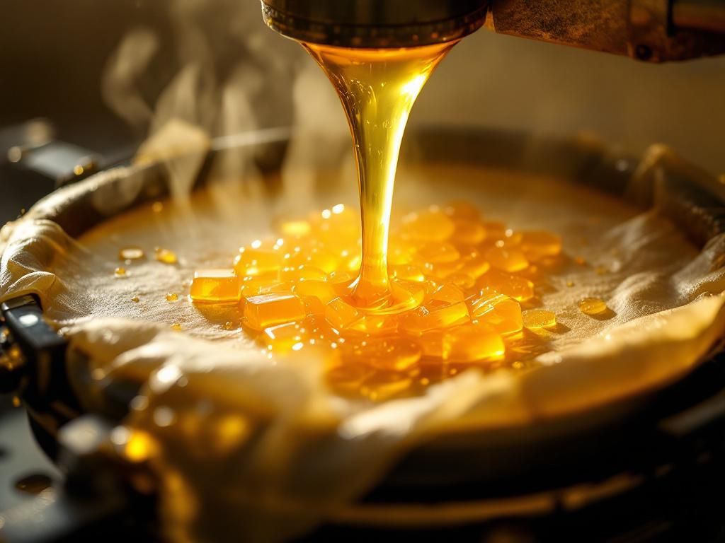 Golden rosin being extracted during pressing