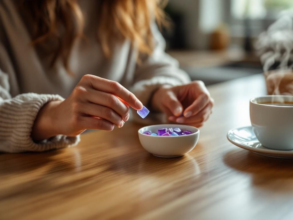 Woman selecting CBN gummy for bedtime