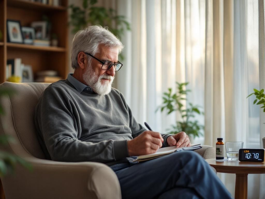 Senior man tracking cannabis dosage in journal