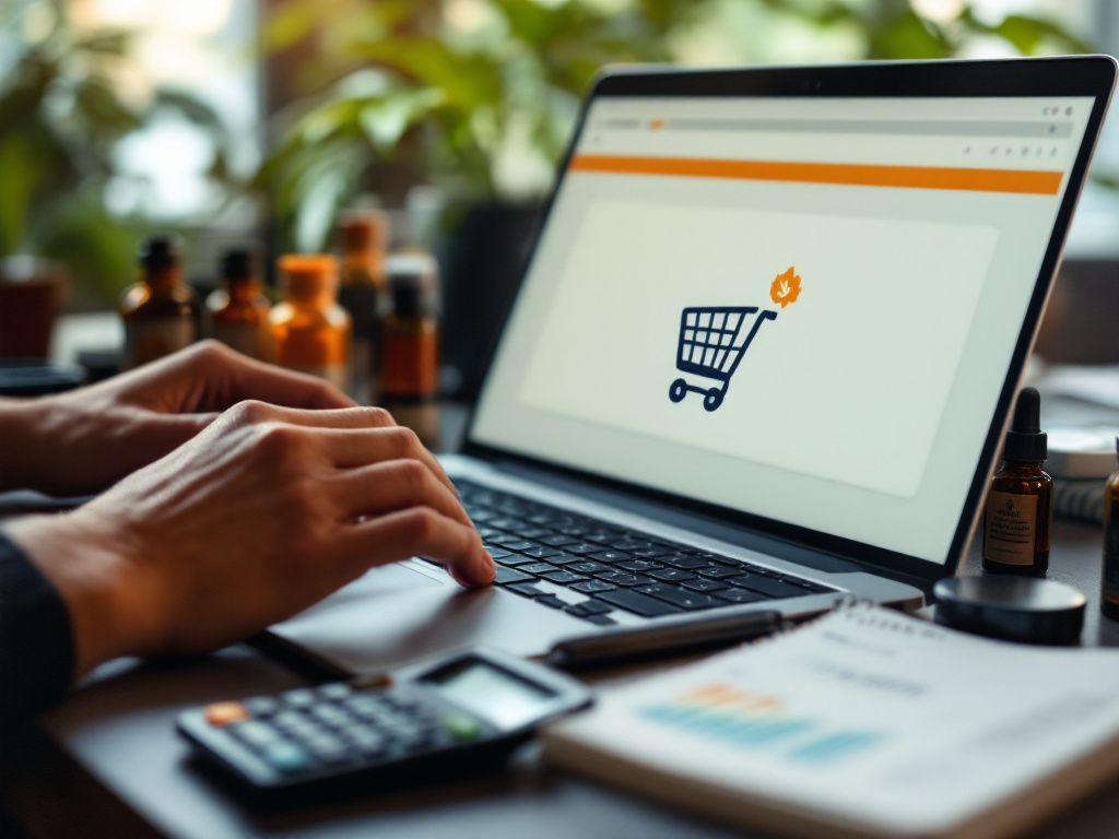 Person researching cannabis products online with budget planning