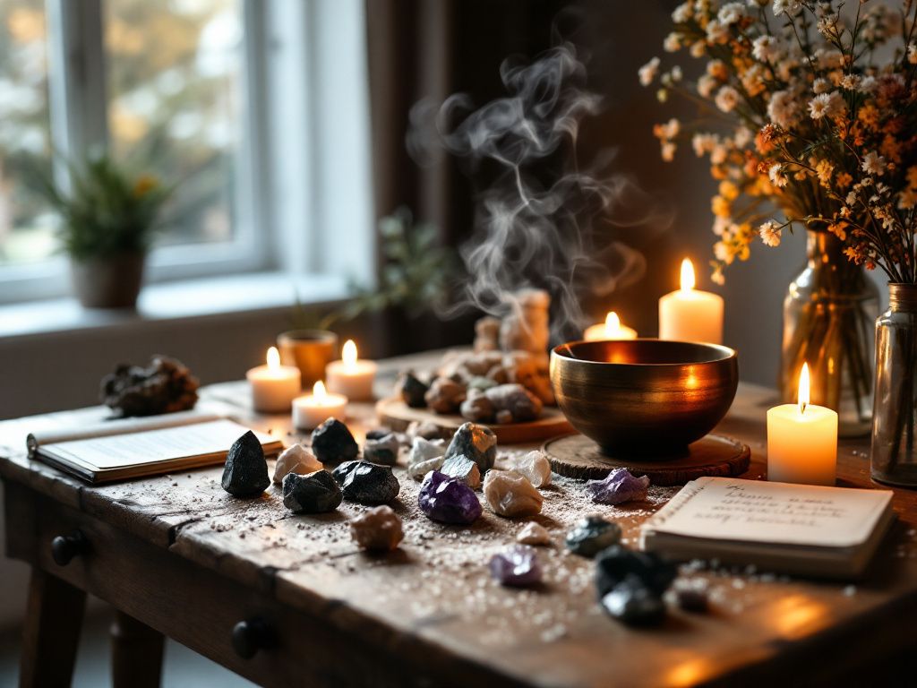 Sacred altar with sage crystals candles