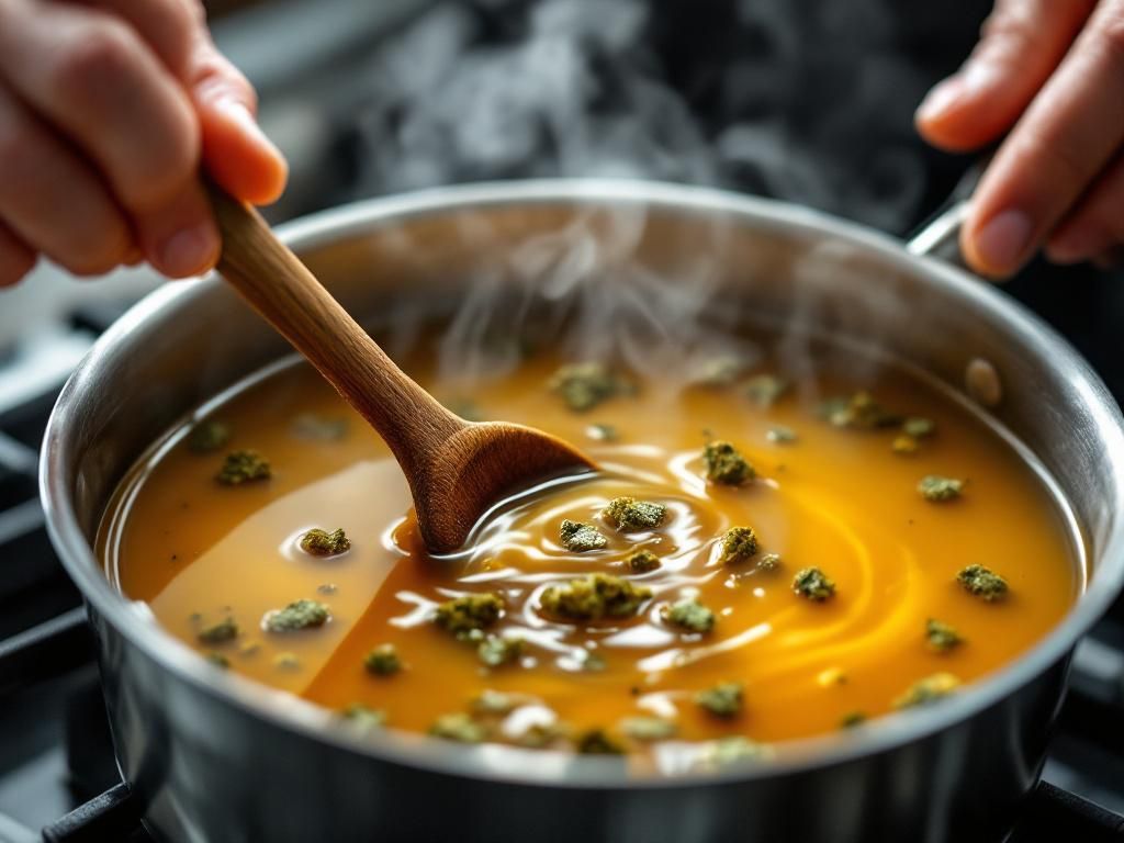 Cannabis syrup simmering in saucepan