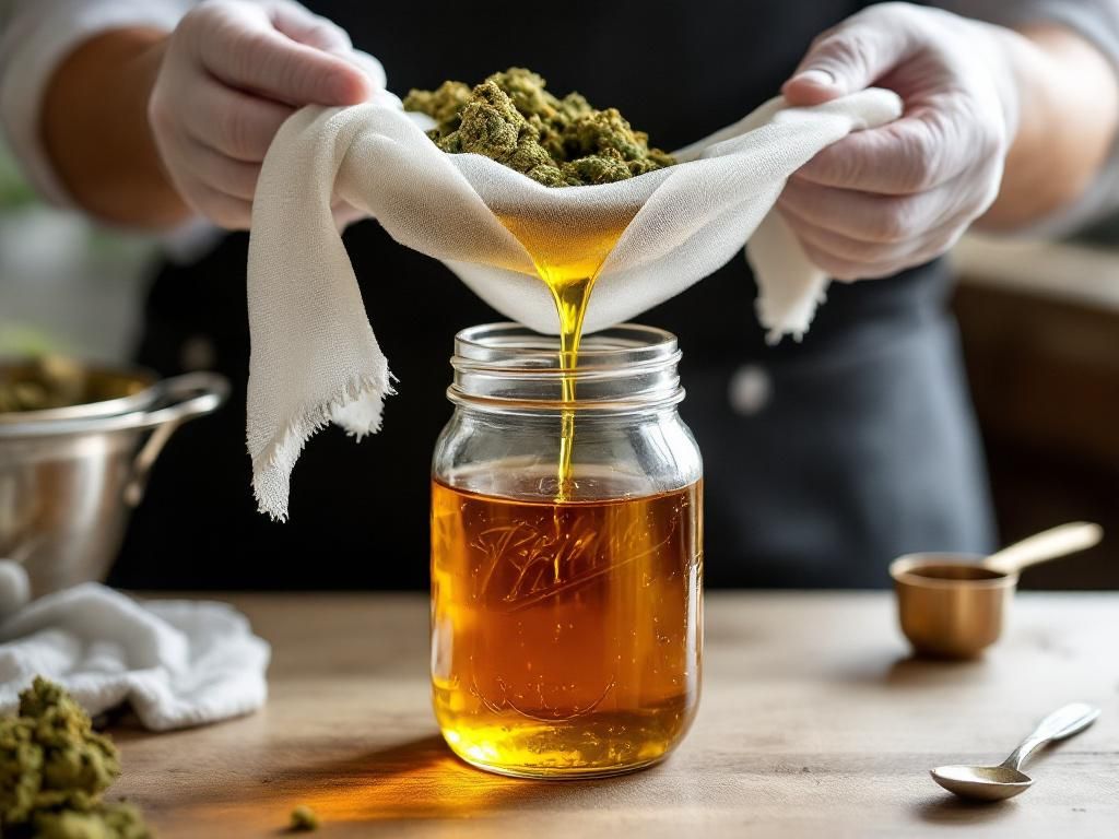 Straining finished THC syrup through cheesecloth