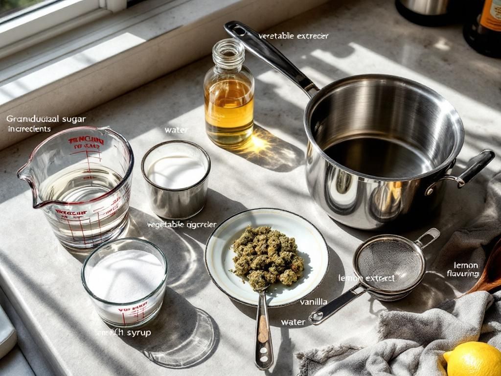 THC syrup ingredients and equipment arranged