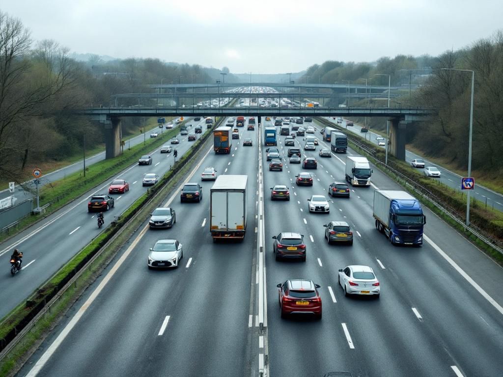 Busy UK motorway traffic scene