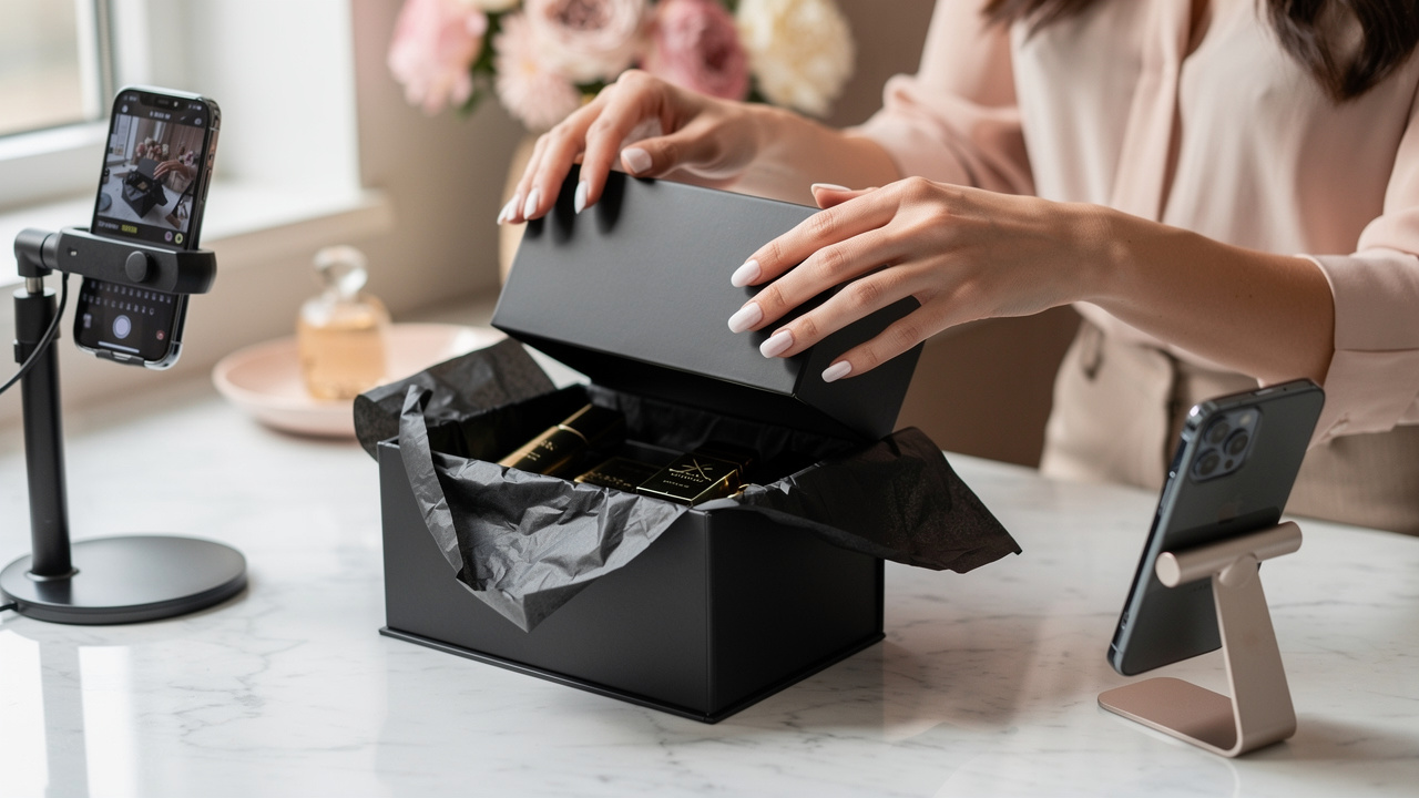 Young woman unboxing luxury package filmed for social media