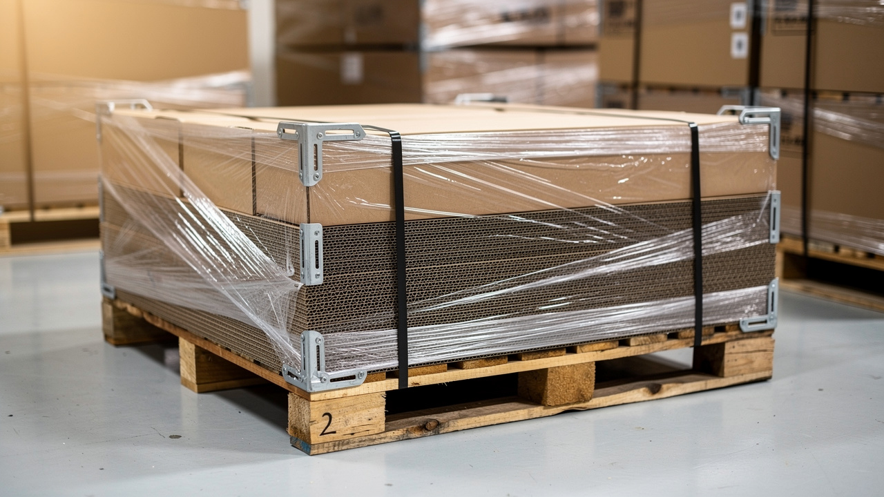 Close-up of tertiary packaging pallets with stretch wrap and strapping