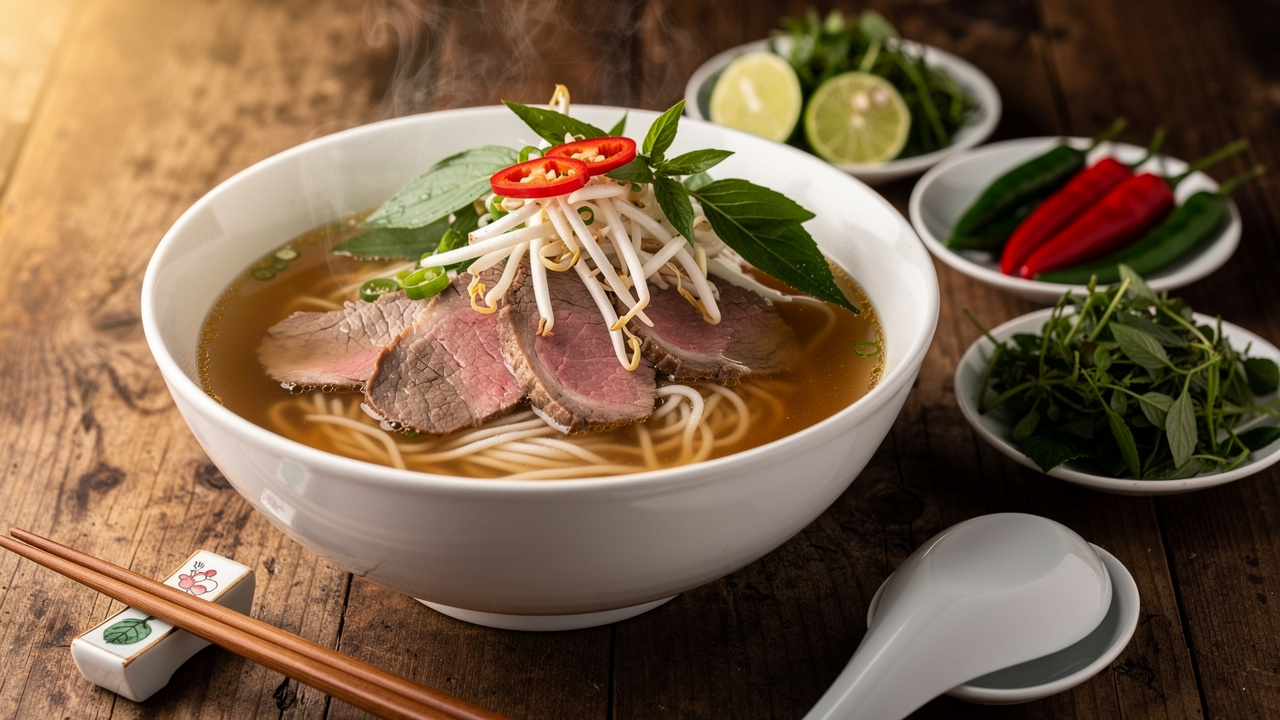 Steaming bowl of authentic Vietnamese pho soup