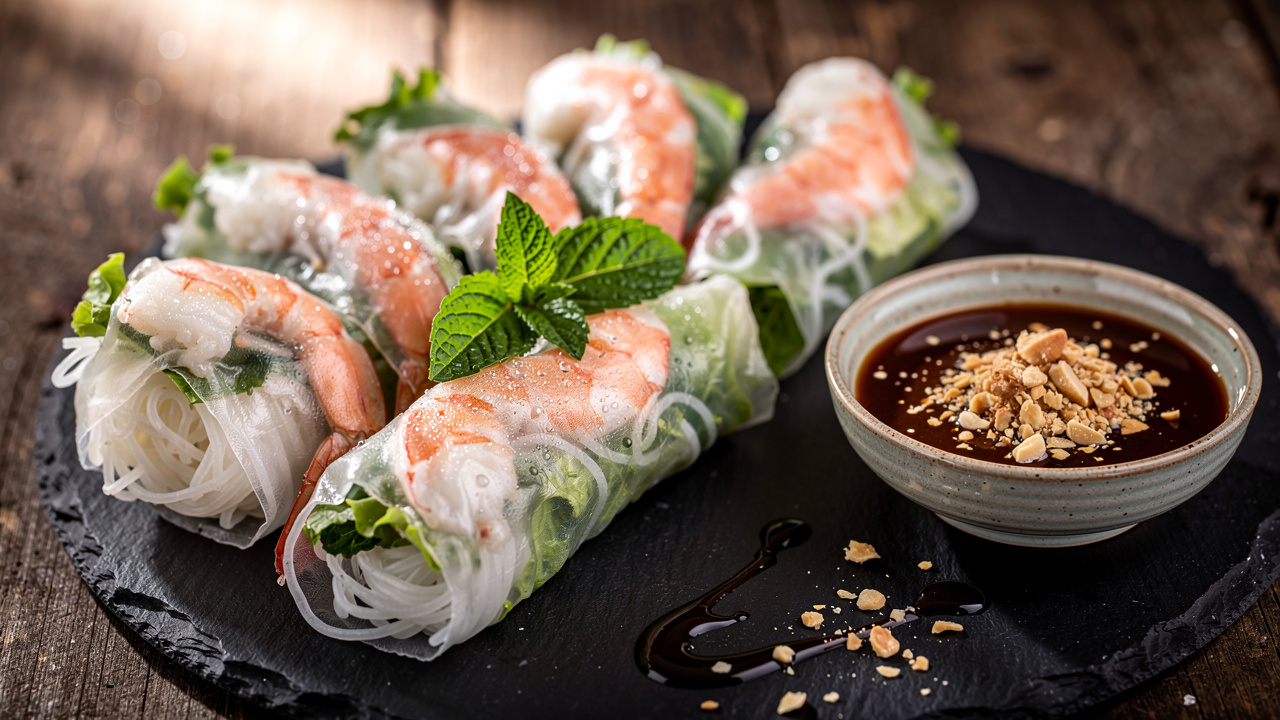 Fresh Vietnamese spring rolls with shrimp and herbs