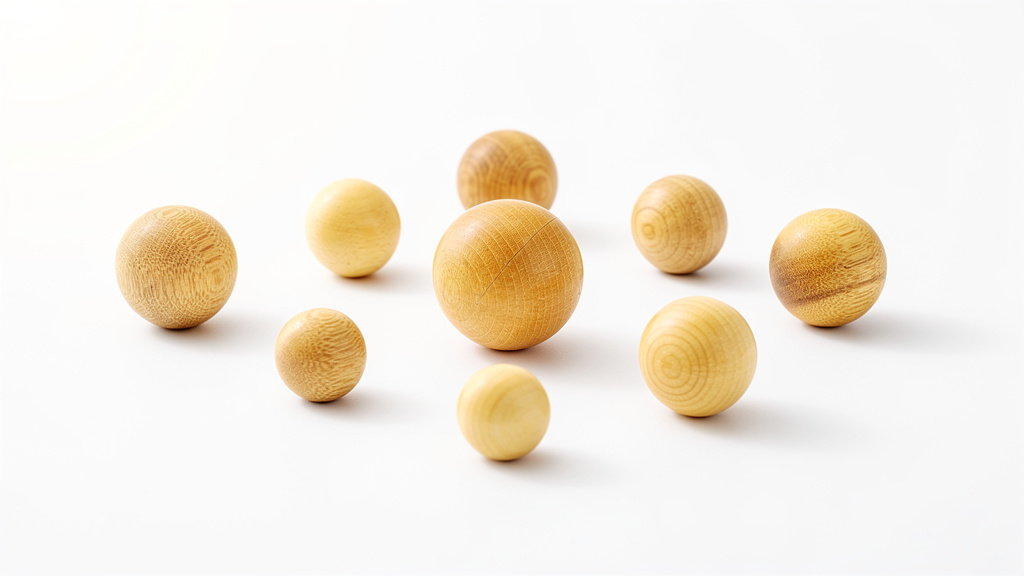 Perles rondes en bois de buis naturel sur fond blanc