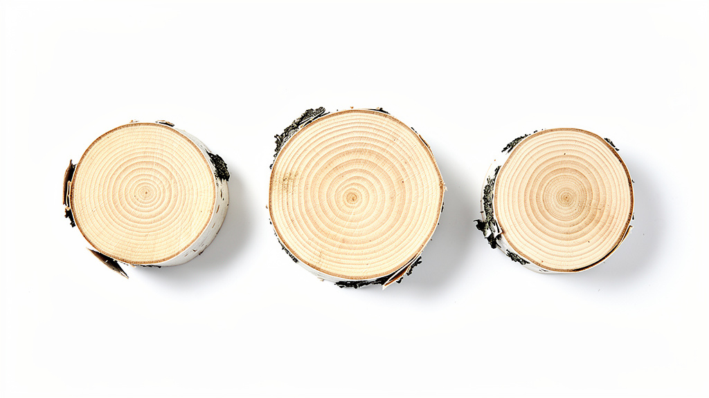 Tranches de bois de bouleau disposées en composition minimaliste