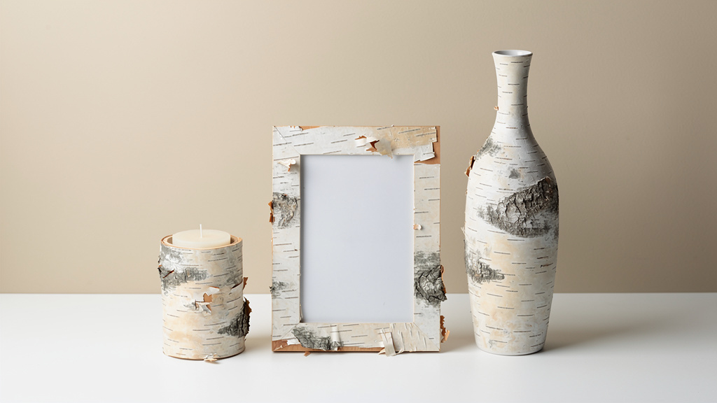 Vase cadre bougie recouvert d’écorce de bouleau minimaliste