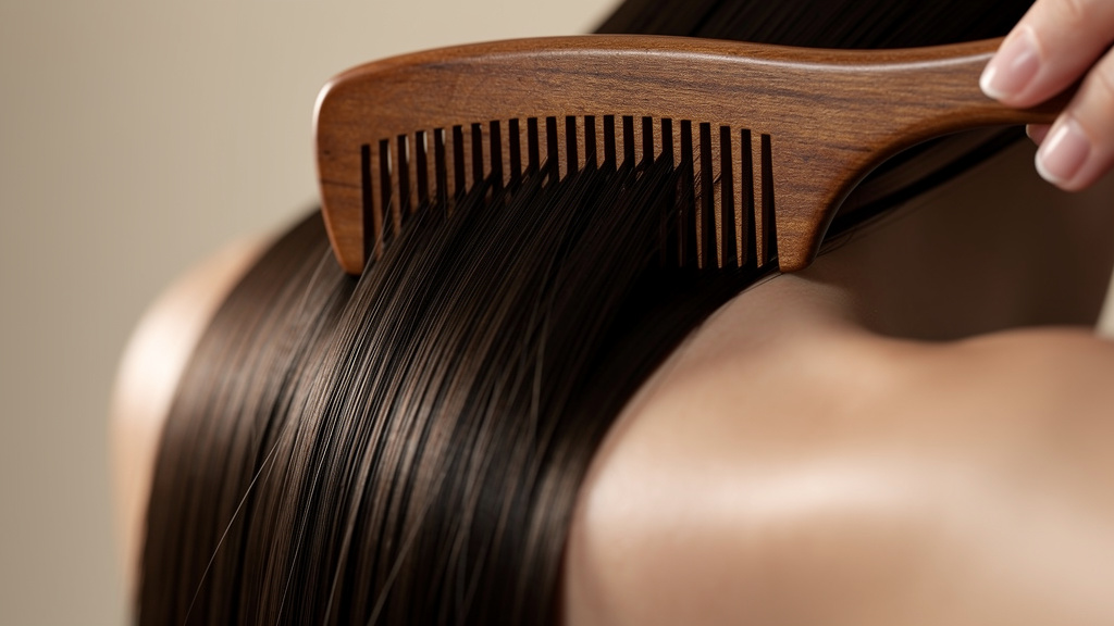 Peigne en bois de santal glissant à travers des cheveux lisses et fluides