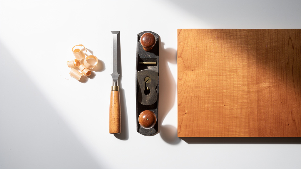 Outils de menuiserie avec un morceau de bois de cerisier