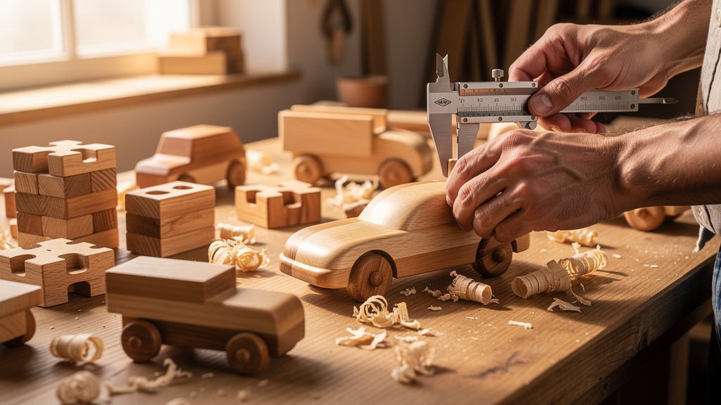 Inspection qualité des jouets en bois professionnels dans l'atelier