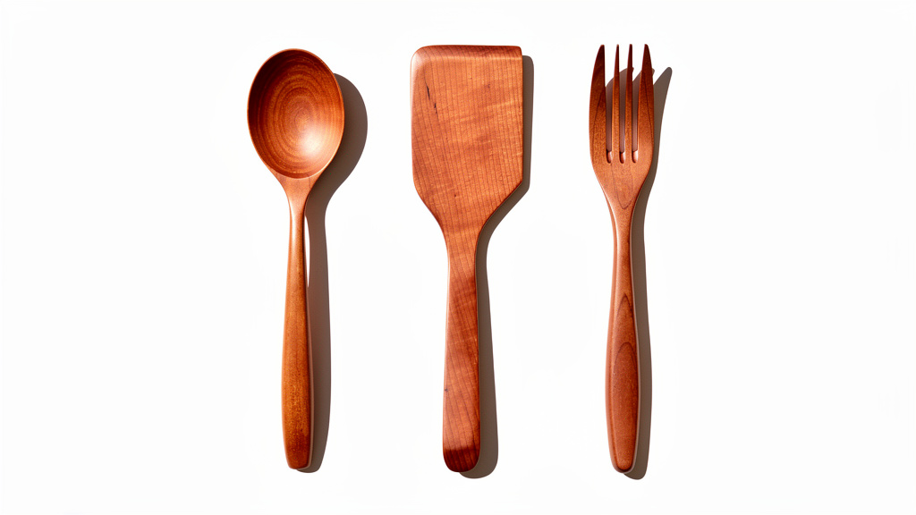 Ustensiles de cuisine en bois de cerisier, vue à plat minimaliste