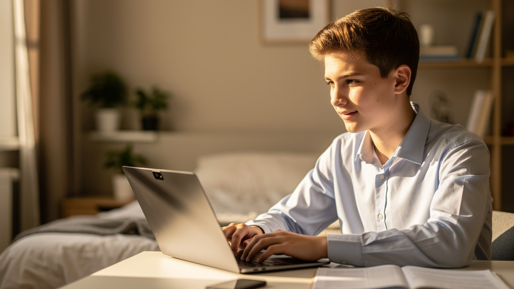Student participating in virtual scholarship interview from home