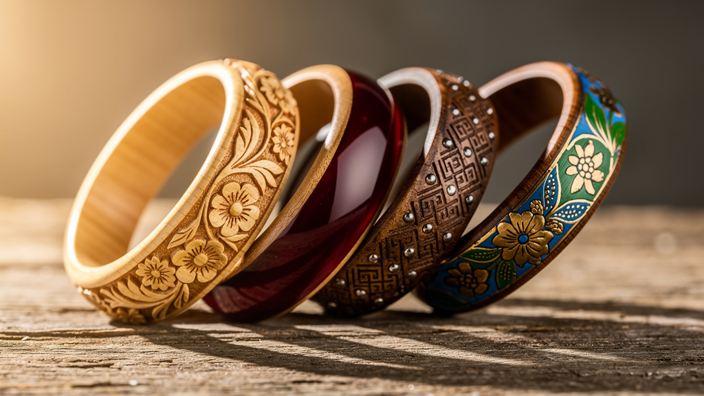 Handcrafted wooden bangles with various decorative techniques