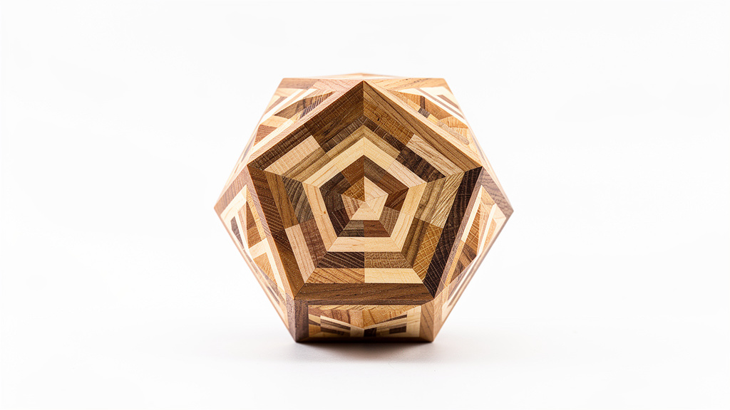 Segmented wooden dodecahedron sphere showing geometric precision