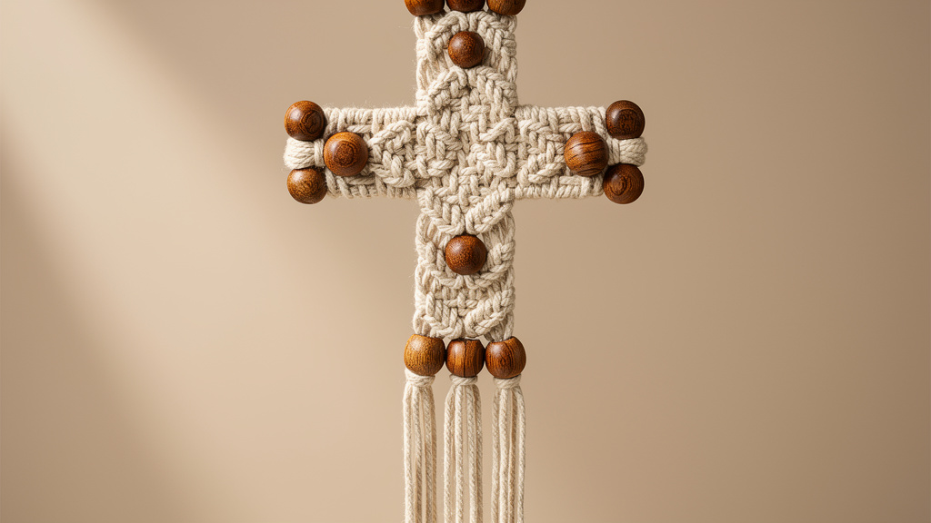 Handcrafted bohemian macramé cross with wooden beads