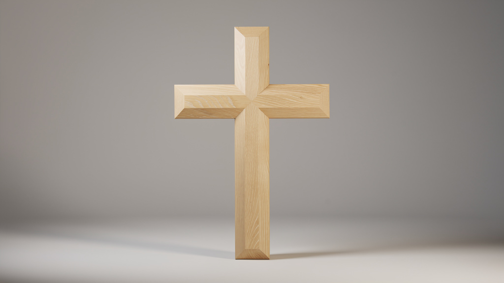 Modern minimalist geometric wooden cross with natural grain