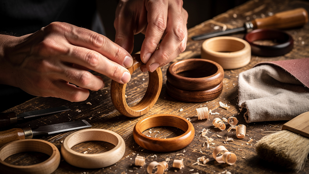 How to Make Wooden Bangles: Artisan crafting wooden bangles on workbench with tools