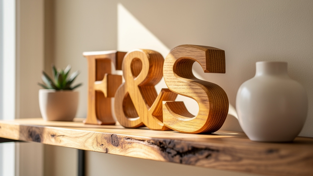 Natural wooden letter decorations on rustic shelf
