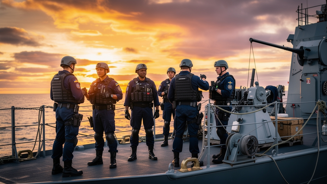 Diverse Swedish marine soldiers on naval ship at sunset