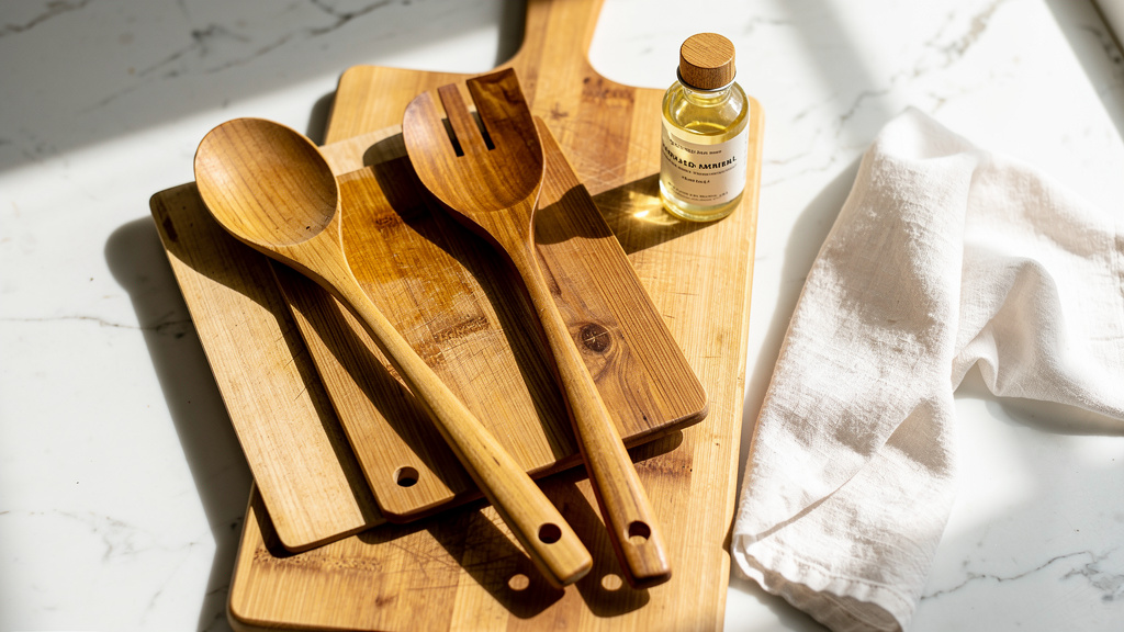 Well-maintained wooden kitchen utensils on cutting board