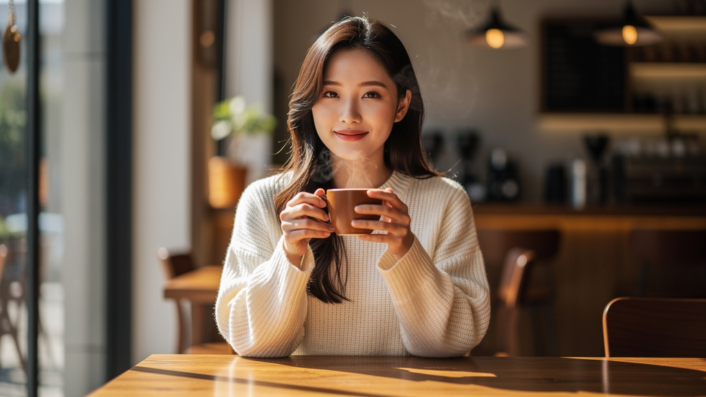 Beautiful Korean woman in twenties drinking coffee
