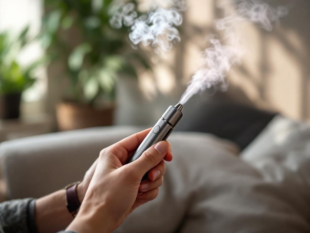 Person using vaporizer pen with vapor clouds