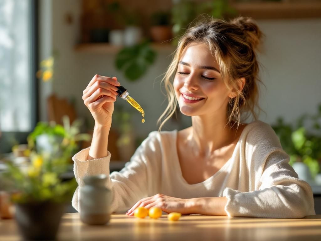 Woman using CBG oil sublingually
