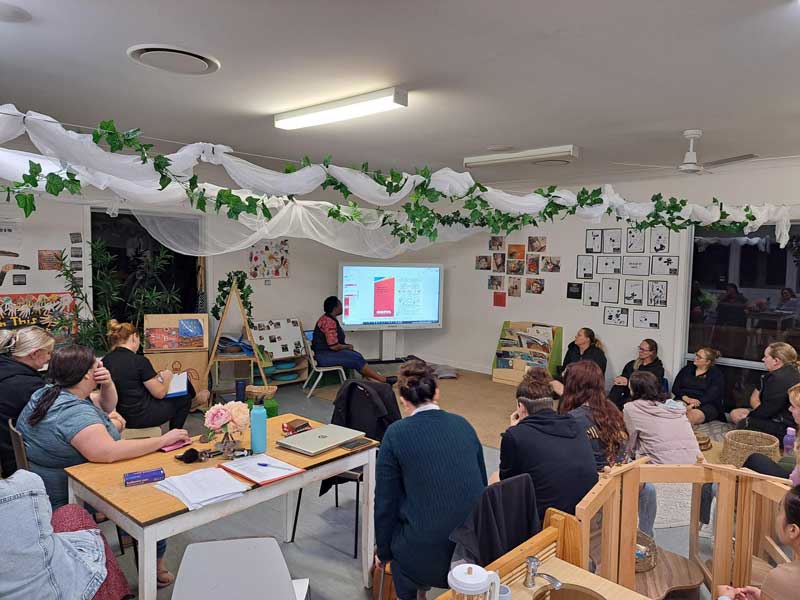 A studio is filled with educators from Petit ELJ Caloundra listening to a local guest from BUSHkids about how they can support children and families through difficult times. Our leadership teams facilitate professional development learning from multiple facets.