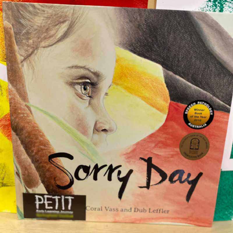 A photo of the Australian book, Sorry Day, on display and written by award winning, local and notable authors.