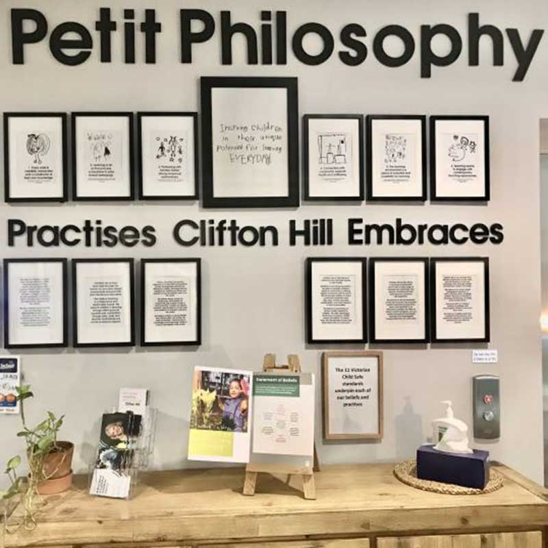 Petit Philosophy wall at Petit Early learning Journey showing their embrace statements.