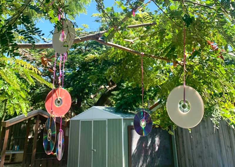 Used and preloved CDs hang from a tree acting as wind chimes and light reflectors. No longer popular, unwanted CDs add to eWaste but can be reused or recycled at home.